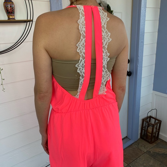 Pink Lace Open Back Romper - Picture 2 of 3